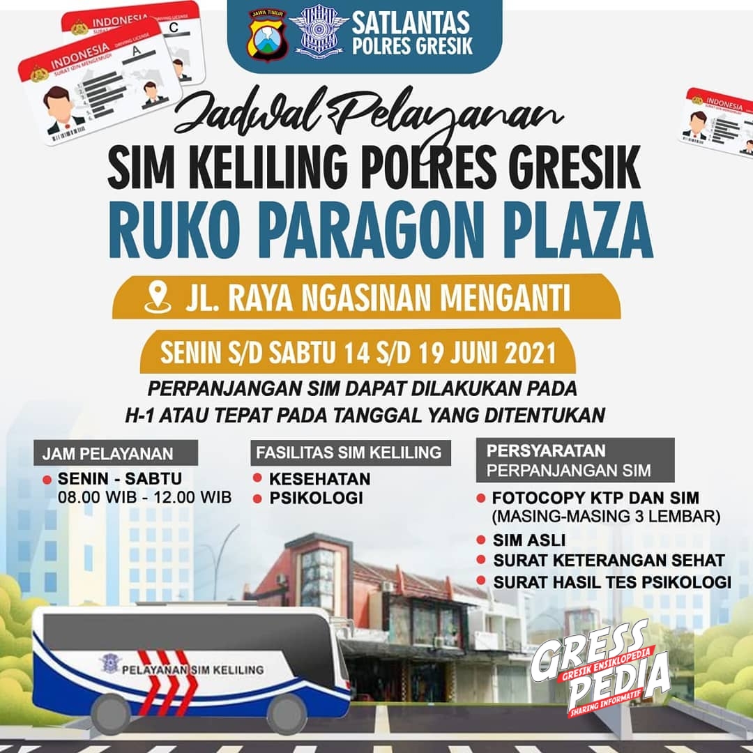 Jadwal Sim Keliling Gresik Bulan Juni 2021 (Minggu ke 3)