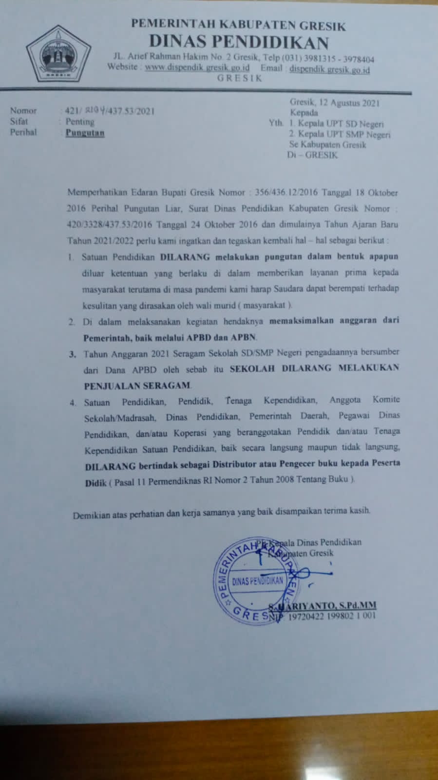 Satuan Pendidikan SD-SMP Negeri di Gresik Dilarang Berbisnis Buku dan Seragam kepada Peserta Didik