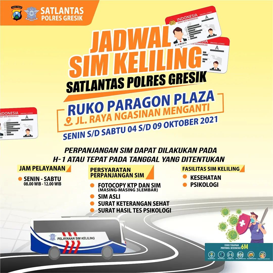 Jadwal Sim Keliling Gresik Oktober 2021 (Minggu ke 1)