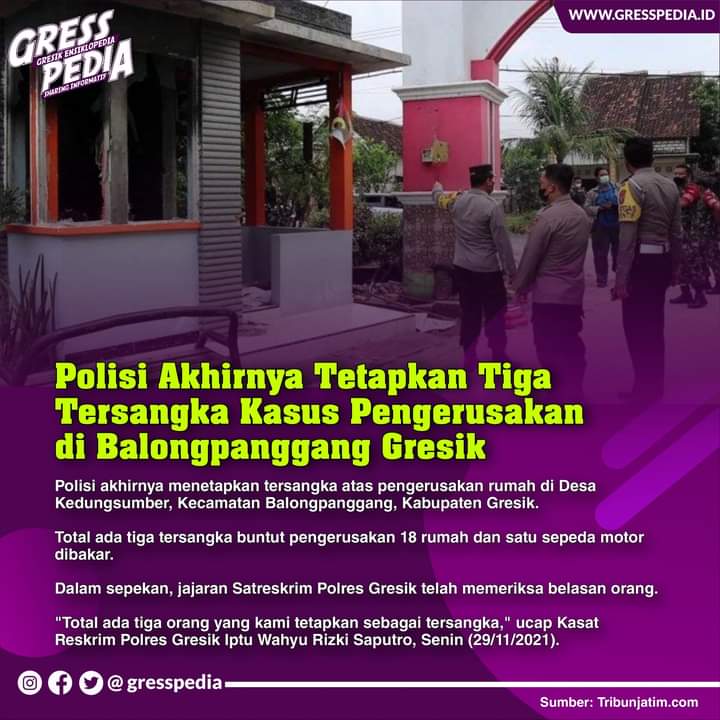 Polisi Tetapkan Tiga Tersangka Kasus Pengerusakan di Balongpanggang Gresik